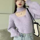 Choker-neck Plain Sweater Purple - One Size
