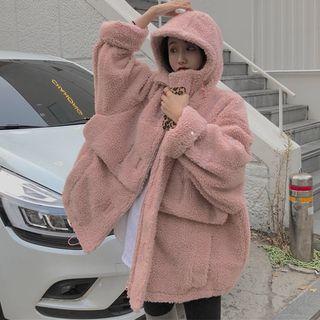 Faux Fur Fleece Zip Hooded Jacket / Color Block Skinny Pants