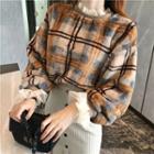Check Long-sleeve Loose-fit Pullover / Plain Ruffle Skirt