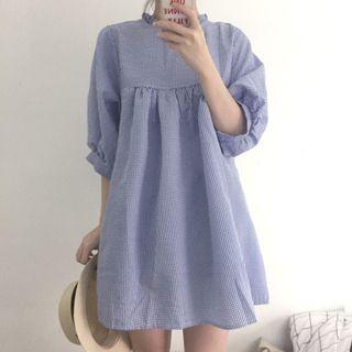 Frill Trim Plaid Elbow Sleeve Dress