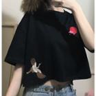 Embroidered Crane Elbow-sleeve T-shirt As Shown In Figure - One Size
