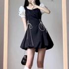 Puff-sleeve Paneled Lace-up A-line Dress
