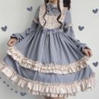 Ruffled Striped Lantern-sleeve A-line Dress / Bonnet