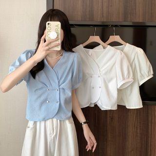 Puff-sleeve V-neck Plain Ruched Top