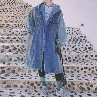 Denim Panel Button-up Hooded Long Coat