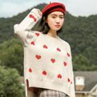 Heart Embroidered Dip Back Sweater Off-white - One Size