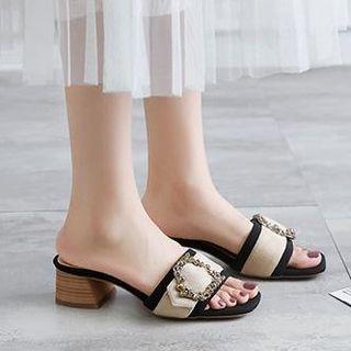 Chunky Heel Square Buckled Slide Sandals