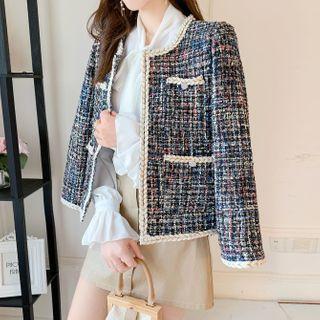 Long-sleeve Color Trim Twin Pocket Tweed Cardigan