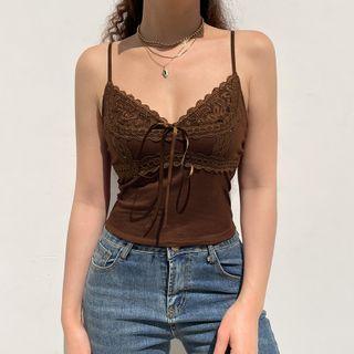 V-neck Tie-front Lace-panel Crop Camisole Top