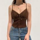 V-neck Tie-front Lace-panel Crop Camisole Top