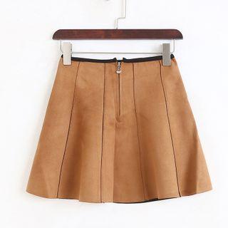 Genuine Suede Paneled A-line Skirt Khaki - S