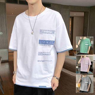 Mock Two-piece Short-sleeve Lettering Distressed T-shirt
