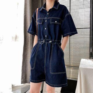Elbow-sleeve Contrast Stitching Denim Romper
