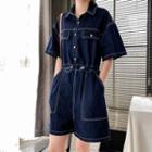 Elbow-sleeve Contrast Stitching Denim Romper