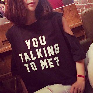 Cold-shoulder Elbow-sleeve Lettering T-shirt
