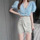 Short-sleeve Blouse / Ruffle Mini Fitted Skirt