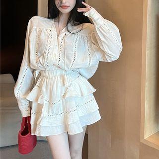 Long-sleeve V-neck Blouse / Ruffle Mini Skirt