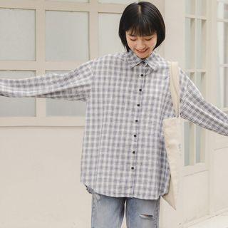 Long Sleeve Plaid Loose Shirt White - One Size