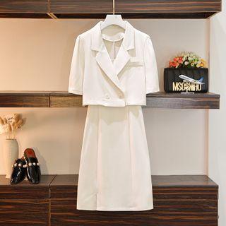 Set: Short-sleeve Cropped Blazer + Spaghetti Strap Mini A-line Dress