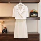 Set: Short-sleeve Cropped Blazer + Spaghetti Strap Mini A-line Dress