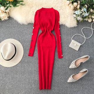 Button-sleeve Midi Ribbed Knit Dress