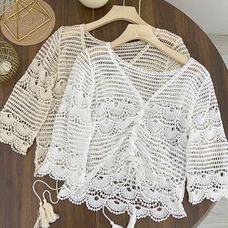 3/4-sleeve Crochet Drawstring Crop Top