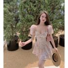 Short-sleeve Floral Mini A-line Dress Dress - Floral - Pink - One Size