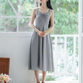Sleeveless Drawstring Checker A-line Midi Dress