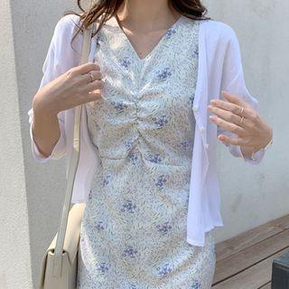 Shirred-front Ruffle-hem Floral Dress