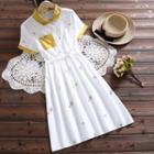 Short-sleeve Color Block Embroidered Floral Buttoned A-line Midi Dress