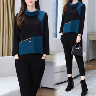 Set: Zip-accent Panel Mock Neck Top + Carpi Pants