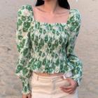 Long-sleeve Square-neck Floral Cropped Blouse Green - One Size