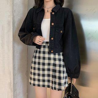 Cropped Denim Jacket / Checked A-line Skirt
