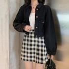 Cropped Denim Jacket / Checked A-line Skirt