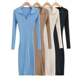 Long-sleeve Open-collar Knit Midi Bodycon Dress