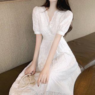 Puff-sleeve Eyelet Midi A-line Dress