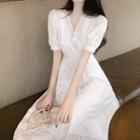 Puff-sleeve Eyelet Midi A-line Dress