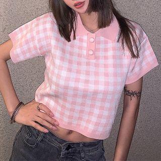 Gingham Collared Short-sleeve T-shirt