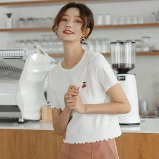 Short-sleeve Cherry Embroidered Ruffled T-shirt