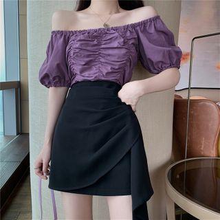 Off-shoulder Puff-sleeve Blouse / Asymmetric Mini A-line Skirt