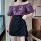 Off-shoulder Puff-sleeve Blouse / Asymmetric Mini A-line Skirt