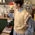 Ruffled Pointelle Knit Sweater Vest Khaki - One Size