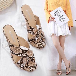 Snake Print Cross Strap High Heel Slide Sandals