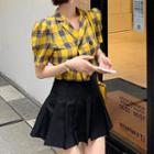 Short-sleeve Plaid Button-back Collar Blouse