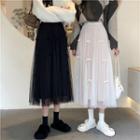 Ribbon Accent Mesh Midi A-line Skirt