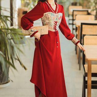 Long-sleeve Floral Print Lace-up Midi A-line Dress