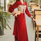 Long-sleeve Floral Print Lace-up Midi A-line Dress