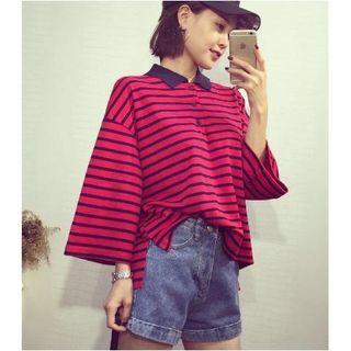 Striped 3/4 Sleeve Polo Shirt