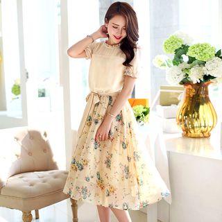 Short-sleeve Gathered-waist Floral Print Crewneck Sheath Dress