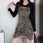 Set: Spaghetti Strap Leopard Print Mini A-line Dress + Plain T-shirt